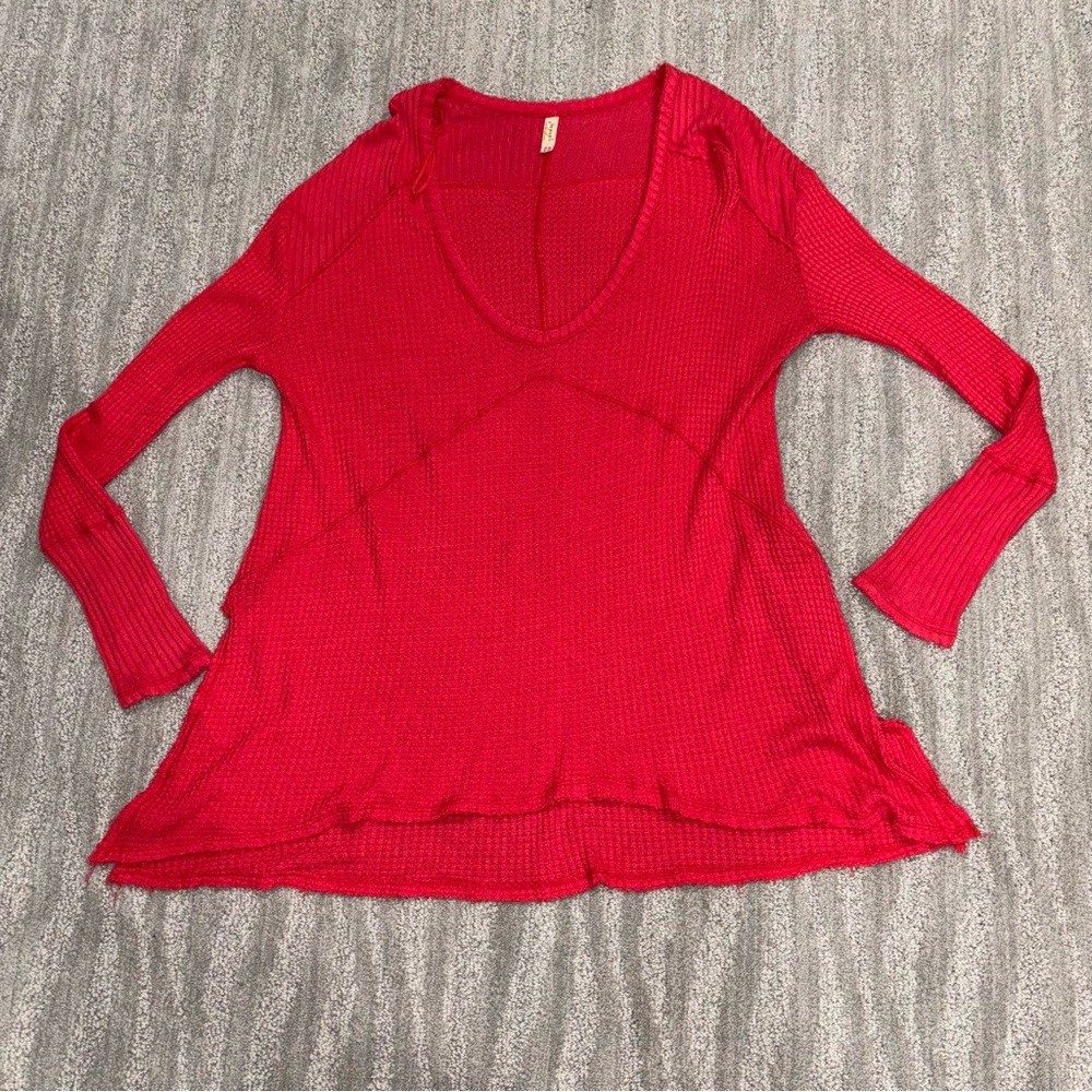 Free People Sunset Park Pink Waffle Knit Boho Long Sleeve Top Women’s Sz M